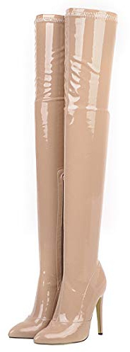 Etebella Damen Lack Overknee Stiefel Stiletto High Heels Spitz Thigh Boots mit Reißverschluss Sexy Party Schuhe (Aprikose,42)