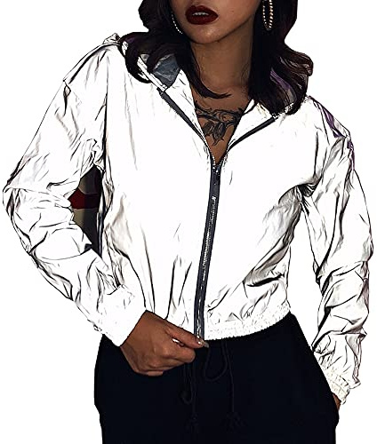 NewL Veste coupe-vent à capuche réfléchissante à manches longues avec fermeture éclair pour femme, gris, M
