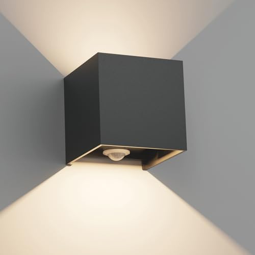 Klighten 12 W utomhu med rörelsedetektor, utomhusvägglampa med rörelsedetektor justerbar ljusstråle, LED vägglampa upp utomhus/inomhus för trädgård, IP65, naturlig vit 4000K, svart