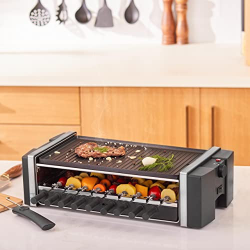 Karaca Raclette Grill 1200 Watt Piastre Grill in Ghisa Antiaderente e ignifuga, Possibilità di Preparare 9 Spiedini, Ampia Superficie Grill, Temperatura Regolabile, Pulsante Stop