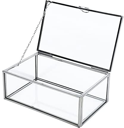 Homtone Silber Vintage Glasbox 15x9x5,5 cm, Dekorativer Schmuck Organizer für Ringe, Armbänder, Halsketten, Rechteckige Schmuckbox für Hochzeit, Geburtstag, Party, Home