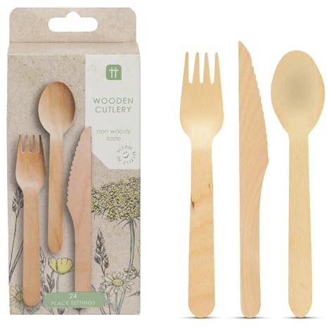 Talking Tables 24x Wooden Cutlery Set - Biodegradable Disposable Knives, Forks & Spoons for Picnics, Camping & BBQs - FSC Birch, Natural