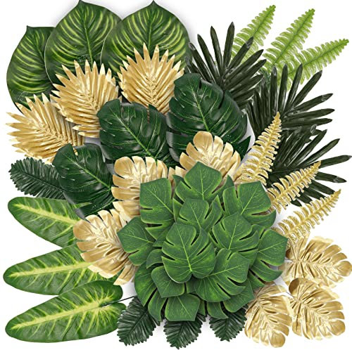 ZUDKSUY Feuilles de palmier 13 types de feuilles Lot de 80 feuilles de palmier artificielles plantes tropicales décoration hawaïenne jungle fête décoration jungle