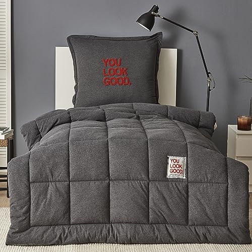 Karaca Motto Anthrazit 155X220 cm Baumwolle Komfort Schlafset, Kopfkissenbezug 80 cm x 80 cm, Steppdecke set, Spannbettlaken, Weiches und Stützendes, Bettdecke, Steppdecke