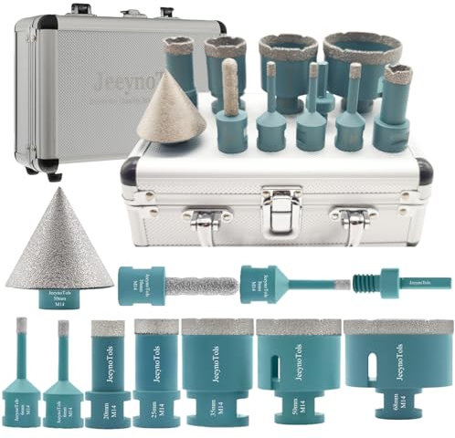 JeeynoTols Broca diamante kit 11 pièces (6/6/8/20/25/35/50/68mm + 10mm punta per fresatura + 50mm punta smussatrice per smussare + adattatore con gambo esagonale) - M14 corona diamante kit