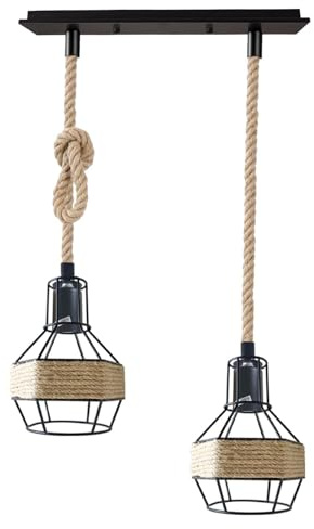 LEDSone Retro-Pendelleuchte mit 2 Köpfen, Hanfseil, Vogelkäfig, mit verstellbarem Kabel, für Esszimmer, Flur, Restaurant, Café, Schlafzimmer, Küche [Energieklasse A]