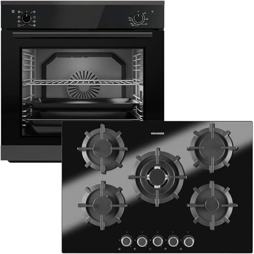 Oranier Einbau-Backofen Set EBS320 autark - 9 Funktionen inkl. 75 cm Gas-Glaskeramik-Kochfeld GKH740-5 Kochstellen mit Design Bedienknebel
