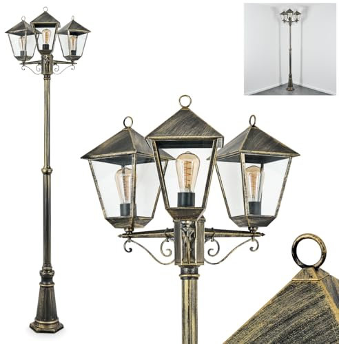 Außenwegeleuchte Anfei, Wegeleuchte aus Metall/Glas in Schwarz-Goldfarben/Klar, Kandelaber in antikem Look, Höhe max. 240 cm, Landhaus Gartenbeleuchtung IP44, 3 x E27, ohne Leuchtmittel