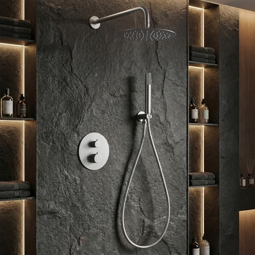 IMEX - Ducha Empotrada Termostática Níquel | Conjunto de Grifería Empotrado con Alcachofa y Rociador Antical Efecto Lluvia | Ducha Empotrada con Grifo en Latón y Acero Inox S.304 | Serie Line