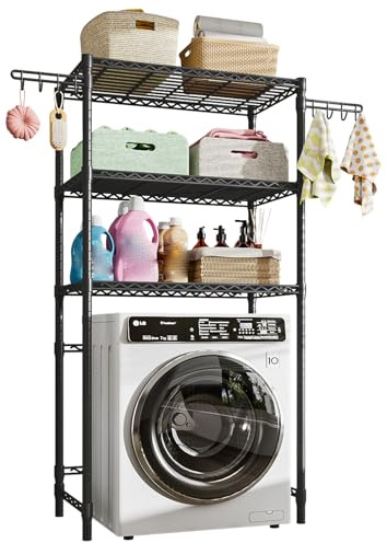 KZOBYD Verstellbares Waschmaschinenregal, Regal über Waschmaschine(Schwarz) | 89 * 34 * 192cm, 3 Höhenverstellbare Regale, 8 Handtuchhaken, Metall, Badezimmerregal, für Badezimmer Waschraum Wäschezimmer