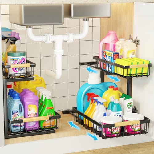 Miyawell Under Sink Organizer, 2 Pack 2 Tier Under Sink Organizers and Storage, Slide out Pull Out Cabinet Organizer Shelf, Metal Drawers Shelves for Kitchen Bathroom Closet Organization