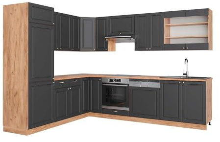 Vicco Eckküche Fame-Line, Anthrazit-Gold Landhaus/Eiche, 287 x 227 cm | 14 Module · Höhenverstellbare Füße · AP Eiche inkl. · MDF-Fronten · Softclose · Metallgriffe