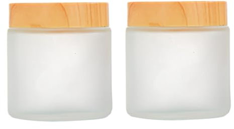 2Pcs 100ml 3.4oz Frosted Glass Jars with Inner Liners and Plastic Wood Grain Lids Airtight Cosmetic Containers for Cream Lotion Body Butter Travel Storage Refillable Sample Jars