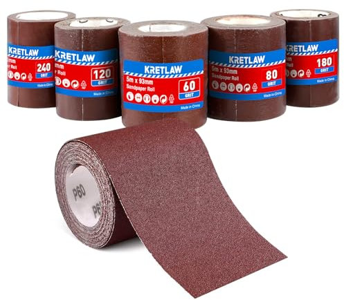 KRETLAW Schleifpapierrollen-Set 5 Rollen, 93mm x 5m, Körnung 60/80/120/180/240, Schleifpapier zum Schleifen, Polieren und Entrosten von Holz, Metall, Stahl
