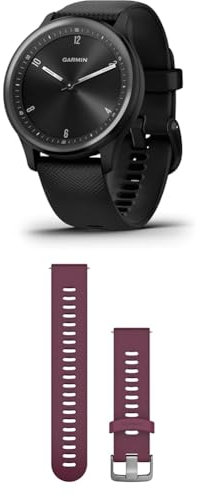 Garmin vívomove Sport, Hybrid Smartwatch with up to 5 days battery life, Black & Quick Release Band (20 mm) - Berry with Stainless Steel