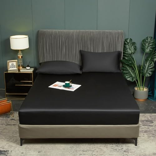 Luofanfei Bambus Lyocell Spannbettlaken 160x200cm Schwarz Boxspringbett | Frottee Topper Glänzend Bambusfaser Muster Bettlaken Spannbetttuch Uni Spannbetttücher für Hohe Matratze bis 25-30 cm