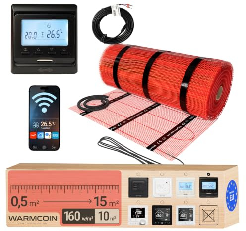Warmcoin Elektrische Fußbodenheizung Komplettset 160 W/m² – Selbstklebende Heizmatte für Fliesen, Laminat, Vinyl & Parkett – 10 m² (0,5 x 20 m) – Inkl. WLAN-Thermostat W51 Schwarz