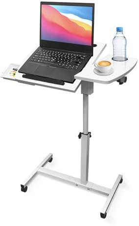 Mobiler Hubtisch Betttisch auf Rollen, Stehtisch Laptoptisch Computertisch, Tischplatte Kippbar Drehbar Faltbar, Beistelltisch Nachttisch für Sofa Wohnzimmer Schlafzimmer, 66-95 cm (Weiß)