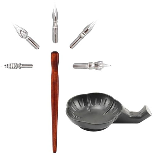 XIWJLWO Kalligraphie Set mit Federhalter, 5 Comic Federn,Zeichenfeder, und 1 Tintenplatte Schönschreibfüller für Anfänger und Künstler, Schreibfeder Set für Kalligrafie und Kunst