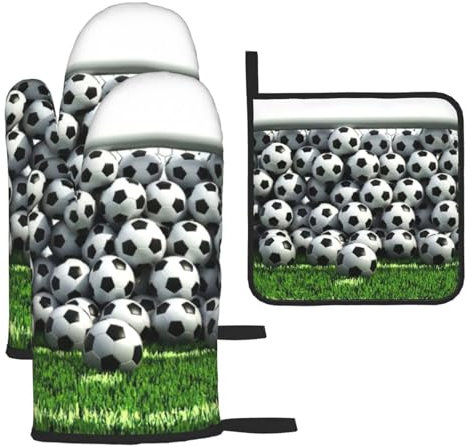 Set di 3 guanti da forno e presine verdi con campo da calcio, resistenti al calore, regalo da cucina per cucinare