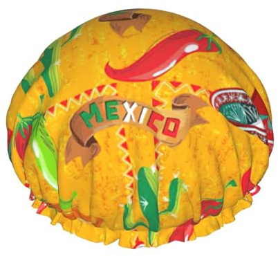 Cactus Hat and Chili Pepper Print Shower Caps,Double Layers water-resistanted Hair Cap with Elastic and Reusable