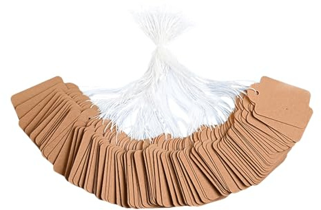Sicheii Preisschilder mit Schnur, 3,5 x 2,2 cm, Schmuckanhänger zum Etikettieren, kleine Geschenkanhänger, beschreibbar, blanko, Kraftpapier, Hängeetiketten für Preise, Einzelhandel, Markierung,
