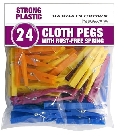 Bargain Crown 24PCS Heavy Duty Clothes Pegs Colourful Washing Line Clips for Laundry Beach Towels & Sun Loungers Rust Resistant Plastic Pegs with Soft Grip Ideal for Garden Pool Camping