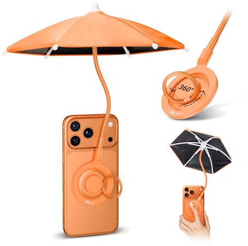 Kiorafoto Magnetic Phone Umbrella with Black Anti-UV Coating Orange | Mini Tanning Phone Sun Shade Shield for iPhone 17 Air 16 15 Pro Max, for Outdoor Beach Pool Travel