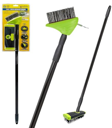3 in 1 Patio Extendable Weed Brush With Hook Scraper - Weed Remover Tool Wire Brush Scraper Set with Metal Broom & Weed Removal Head | Remove Weed and Moss from Block Path Patio & Driveway