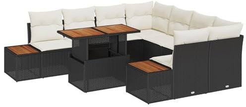 vidaXL Trädgårdsmöbelset med kudde med kudde 9 pcs Svart och beige, Trädgårdsoffa set, modern och modulär, UV-resistent, lätt och hållbar, perfekt för häng ute