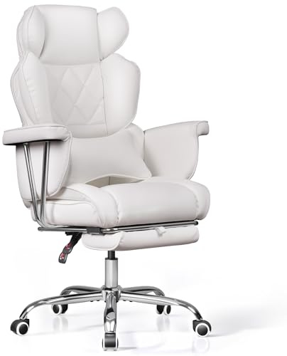 DEVAISE Ergonomic Office Chair with Telescopic Footrest, Office Chair with Pu Leather High Lumbar Support, Spacious Soft Cushion, Height-Adjustable, Maximum 145°Adjustable Backrest, White