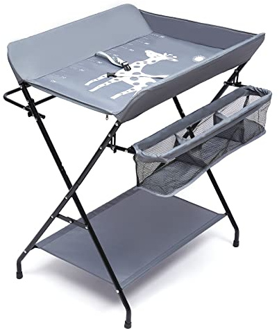 POTYYH Wickeltisch Klappbar, Mobile Wickelkommode bis 25kg mit Sicherheitsgurt und Ablagefächern Baby Wickelkombi für Babys unter 12 Monaten geeignet, platzsparend & stabil, Dunkelgrau