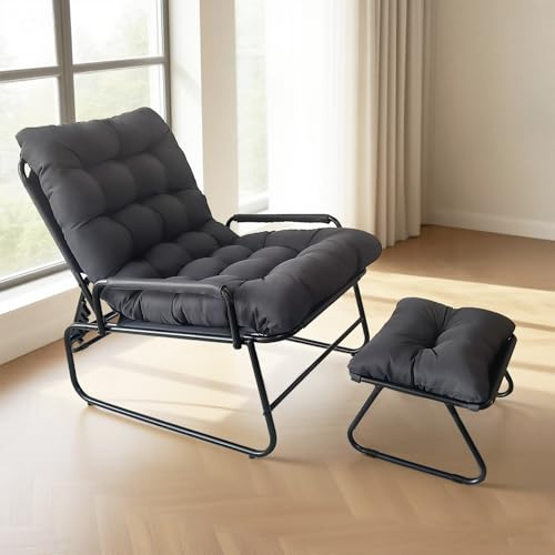 JHYCCDD Loungesessel Outdoor, Gartenliege mit Hocker, Liegestuhl mit Auflage Abnehmbar, 4-Positionen Liegefunktion Balkonsessel, Relaxsessel Garten, Gartensessel für Garten, Terrasse, bis150kg (grau)
