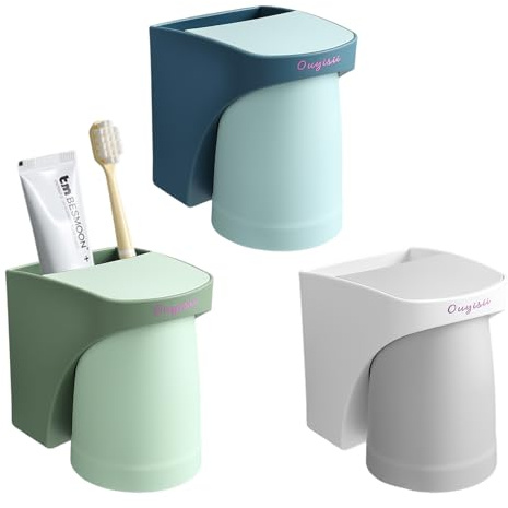 Dulynva 3 Stück Zahnbürstenbecherhalter Kein Bohren, Zahnbürstenhalter Wand mit Magnetischem Becher, Zahnbecherhalter ohne Bohren, Wandzahnbürstenbecher Set für Badezimmer (Blau+Grün+Grau
