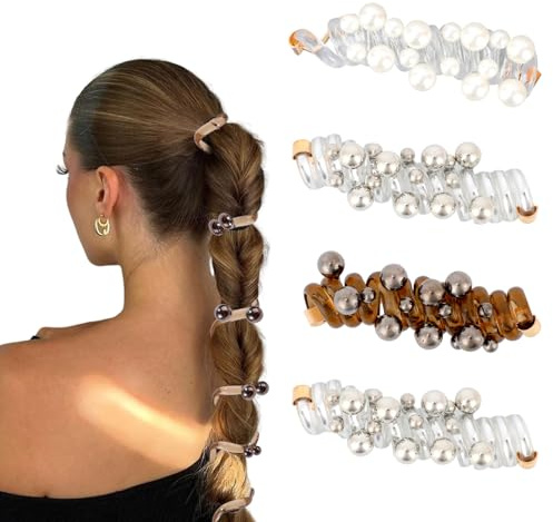 BOXOB 4 Stück Elastische Spiral Haargummis, Kunststoff Keine Beschädigung Perlen Telefonkabel Pferdeschwanzhalter Elegante Haar Accessoires für Täglichen Gebrauch Frauen (Weiß, Silber, Schwarz)