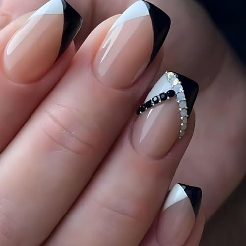 Short Square Press-On Nails, Nude-Pink With Black And White French Tips | Glossy Geometric Diagonal Finish, Reflective Embellished Feature Nails, For Everyday Workwear, Parties And Formal Events