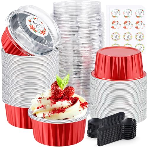 Mini Aluminum Foil Baking Cups with Lids and Spoons, ZOXILEN Disposable Mini Cake Pans with Lids 5oz/125ml, Small Loaf Pans Flan Molds Souffle Rramekins for Wedding Party Red Round 60pcs