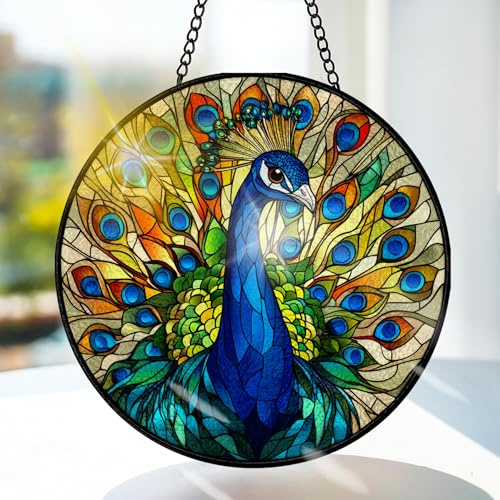 Bimkole PåfågelFönsterhänge I Målat Glas Med Solfångare -Djur Hängande Fönsterdekoration - för Trädgård, Fönster och Dörr, Jul, Handgjord Suncatcher Dekor 20x20 cm