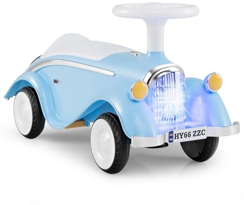 COSTWAY Ride on Car, Toddler Foot to Floor Sliding Car with Steering Wheel, Horn, LED Headlight, Under Seat Storage, Retro Kids Ride on Toy for 19-36 Months (Blue)