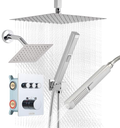 VEVOR Set Doccia con Sistema Doccia a Pioggia da 304 mm, Soffione a Parete da 152,4 mm, Doccetta, Soffione a Pioggia Doppio Girevole, 3 Funzioni, Valvola in Ottone, Termostatico Cromato