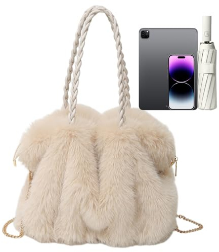 Fuzzy Purse Reseväska i plysch, justerbar med avtagbar rem, mjuk fluffig tygväska, vinterväska, axelväska, vinterväska för vandring, utomhus, resor, arbete, Beige färg, Se référer au descriptif
