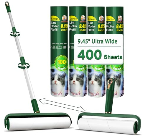 Große Fusselrollen für Tierhaare, extra stark haftend, Nachfüllrollen mit 400 Blatt, mit langem Griff, 9,45 Zoll (24 cm) Lange Riesen-Fusselrolle für Fußboden, Möbel und Tierhalter (Grün)