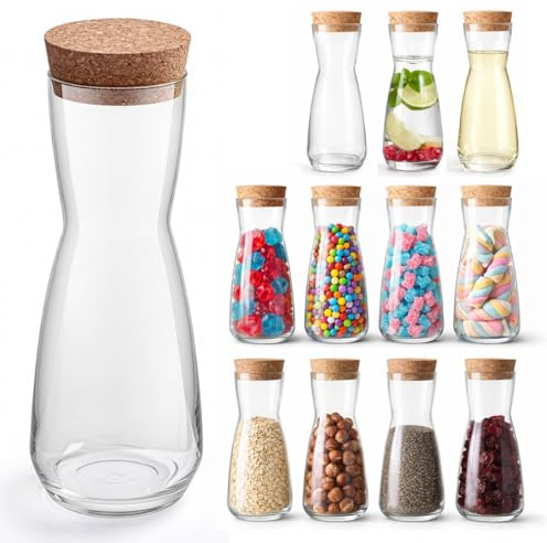 Murago - 12er Set Mini Glas Karaffen mit Korkdeckel 330 ml – Vorratsglas Aufbewahrungsglas Dekoglas Wein Dekanter kleine Vase Bonbon Gläser Candy Bar Nüsse Süßigkeiten Gewürzglas Glasflasche Deckel