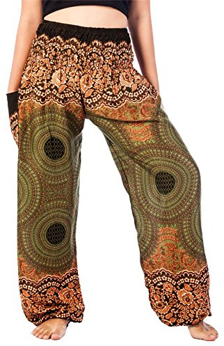 Lofbaz Damen Haremshose mit gesmoktem Bund Rose Grün Size XL