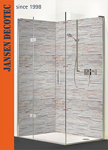Jansen Decotec - Eck Duschrückwand, 90x200cm & 120x200cm, Steindecor Naturstein hell, Aluminium, Hellgrau (Light Grey), Modern, Glänzend