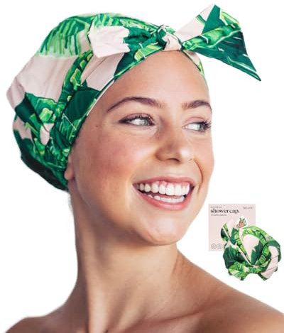 Kitsch Luxury Shower Caps for Women Reusable Waterproof - Large Shower Cap for Women and Men, Non-slip, Quick-dry Hair Cap for Long & Short Hair, Comfortable and Stylish Design - Palm Leaves