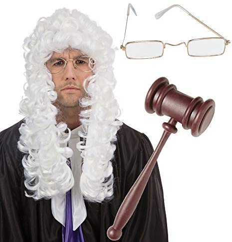 Mega_JumbleSale® Baroque LORD JUDGE Fancy Dress Costume Set ~ Lord Wig + Gavel Hammer + Gold Spectacles/Aristocrat, King, Noble Dress Up for Party, Carnival