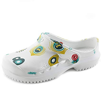 Schu'ZZ – Zoccoli medici da donna – Scarpe da ospedale – leggere, confortevoli, traspiranti, antiscivolo, suola rimovibile, Piuma di pavone., 37 EU