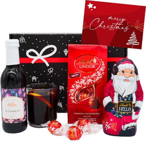 Geschenkset Glühwein & Lindt Schokolade | Weihnachten Präsentkorb gefüllt mit Wein, Nikolaus, Lindor Pralinen & Grußkarte | Geschenkkorb für Frauen & Männer