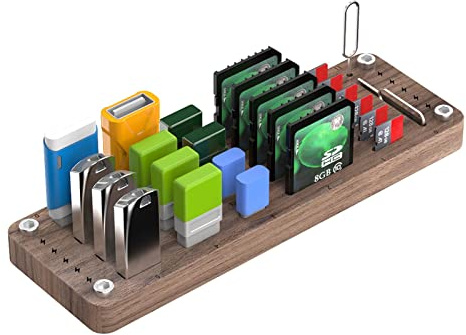 ERZU almacenamiento madera nogal 25 ranuras para dispositivo USB SD TF Tipo-C Card Pins, organizador caja almacenamiento tarjetas escritorio para tarjeta SD Tarjeta memoria